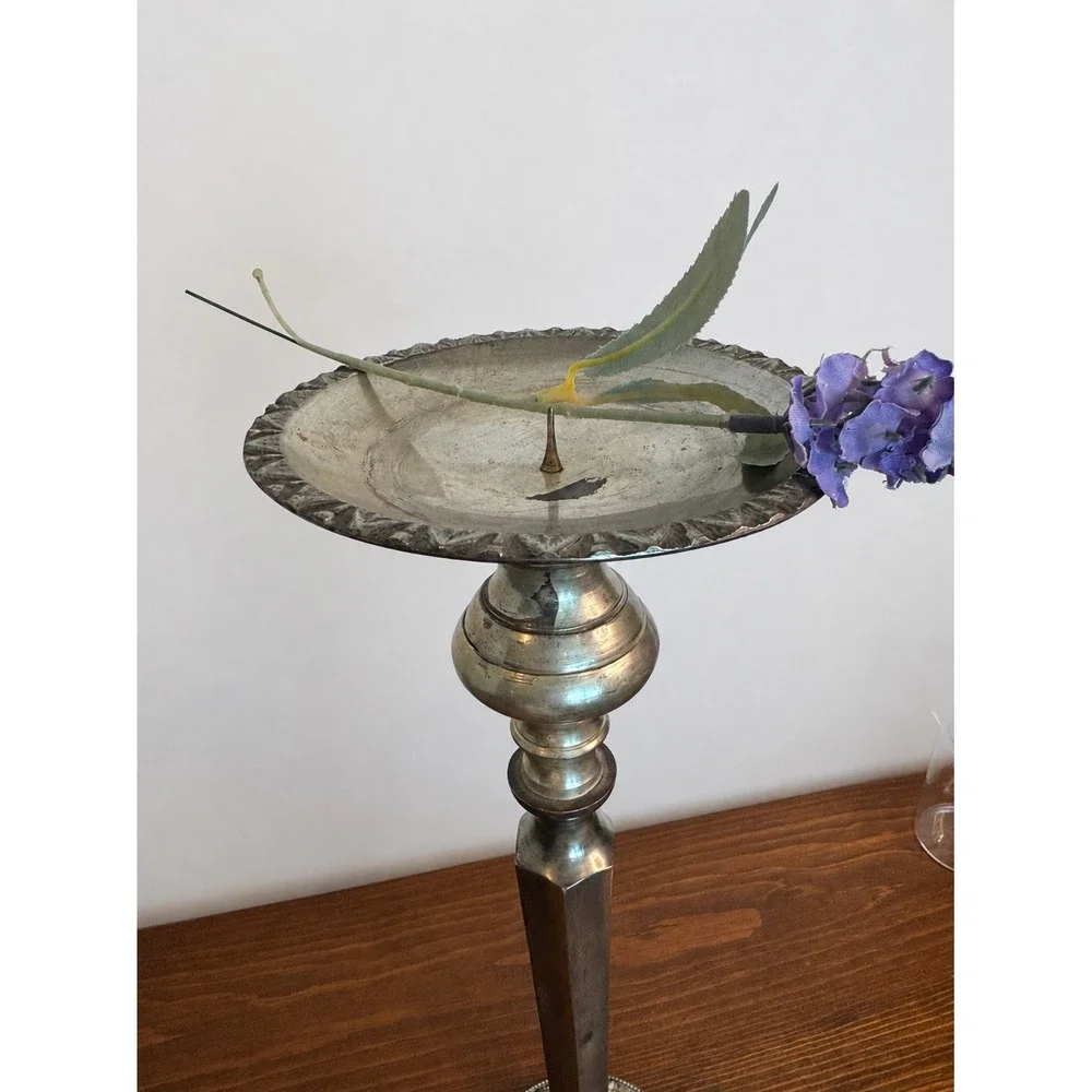 Vintage Silverplate Hexagonal Pillat Candle Holder Tall Embossed Leaf Base 14.5